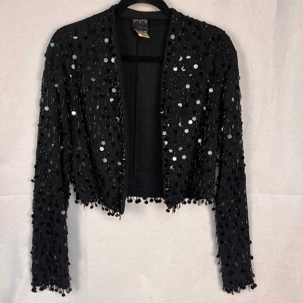 VTG 80s Vivienne Tam East Wind Code Black Beaded Sequin Crop Jacket Size 2 Small